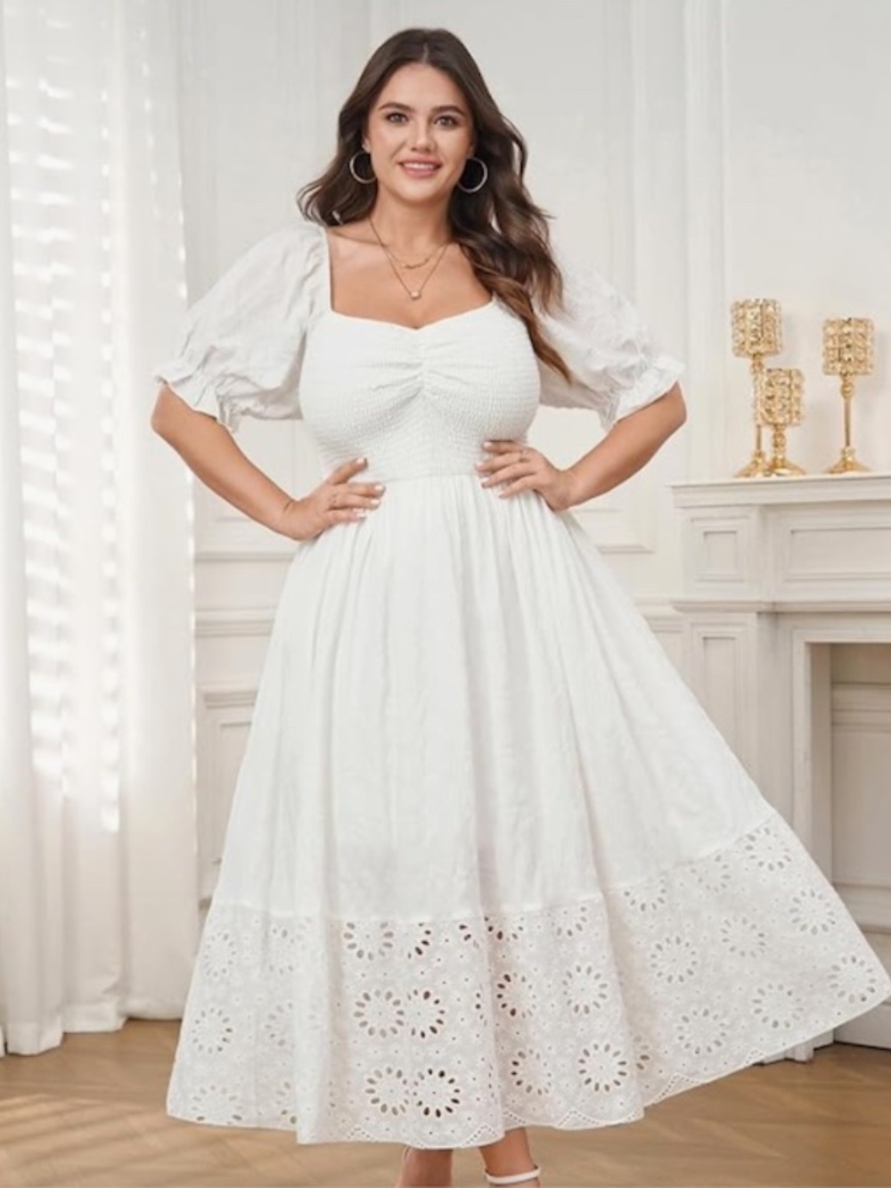 New! Women Summer Short Sleeve Sweetheart Smocked Lace Eyelet Dress